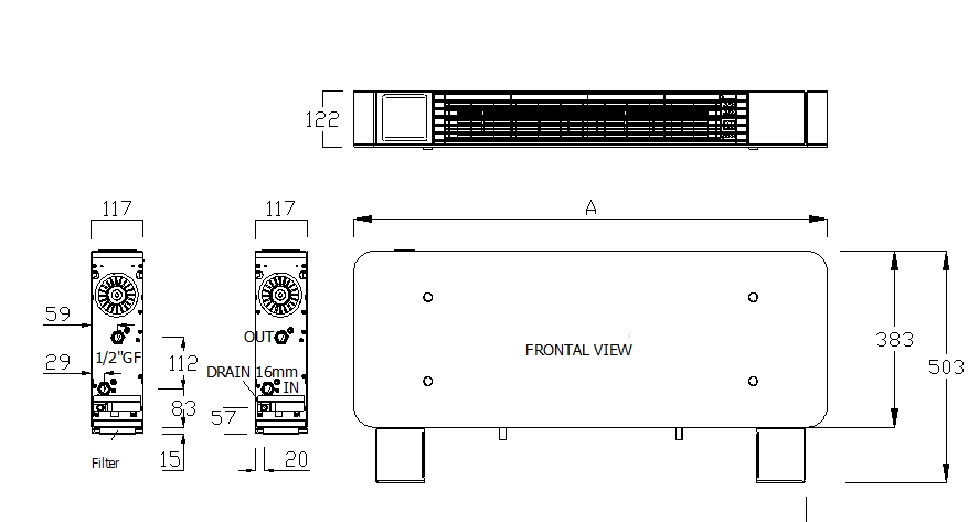 Diagram dimenzij za talne ventilatorske tuljave MyCond silver glass low series.
