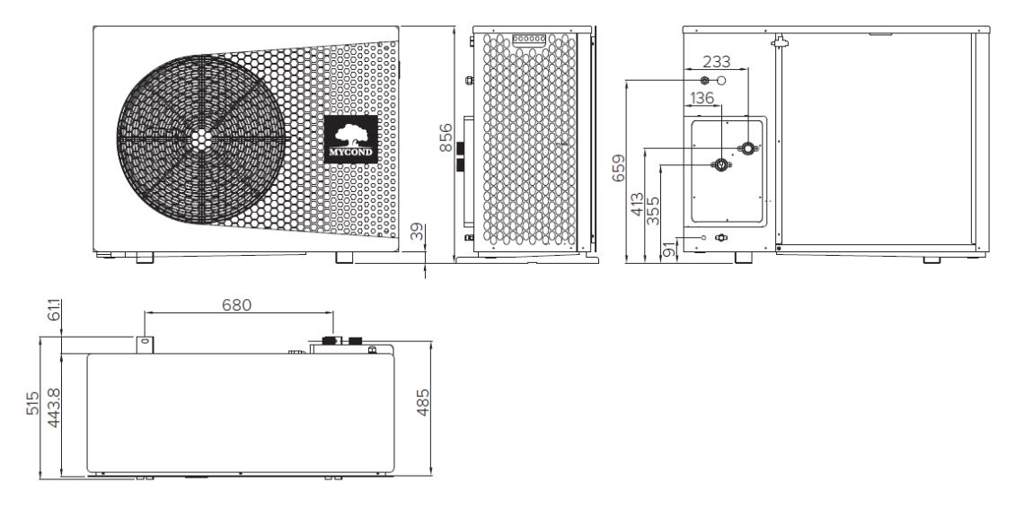 Diagram, ki prikazuje dimenzije kompaktne monoblok toplotne črpalke MyCond BeeThermic.