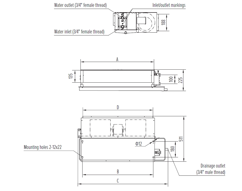 Diagram, ki prikazuje dimenzije ventilatorskih tuljav z ventilatorjem za srednje kanale ESP serije MyCond MCFC.