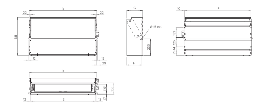 Diagram z merami ventilatorske enote MyCond SEC/F.