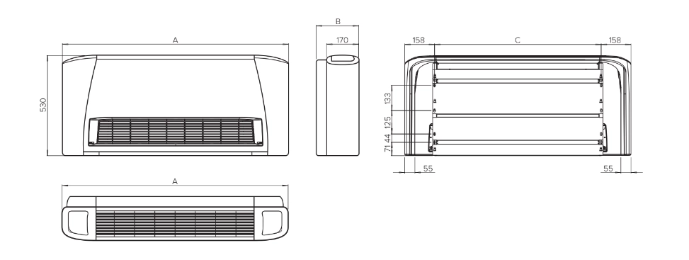 Diagram z merami ventilatorskih tuljav MyCond serije SEC/F.