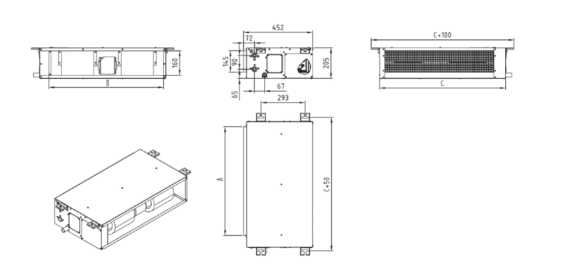 Diagram, ki prikazuje dimenzije ventilatorske enote MyCond MCFDS serije kanalskih ventilatorjev.