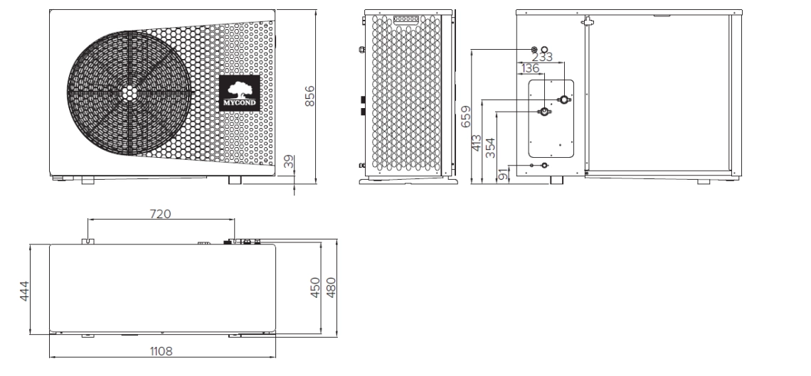Diagram dimenzij monoblok toplotnih črpalk MyCond serije BeeThermic.