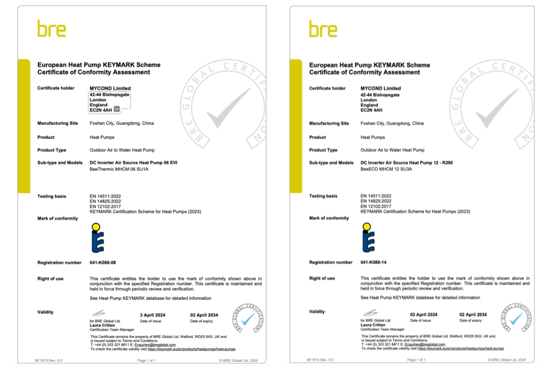 Mycond toplotne črpalke certificirane s strani Keymark za skladnost z učinkovitostjo.