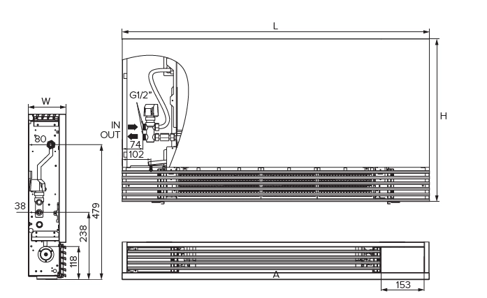MyCon Silent Diagram s prikazom dimenzij talne ventilatorske spiralne enote serije silent.