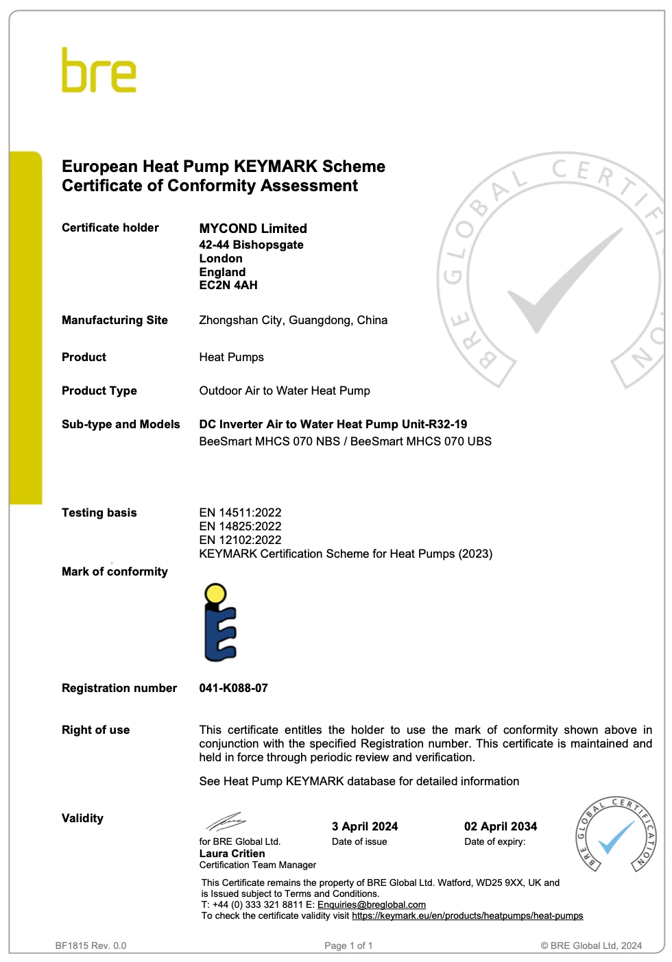 MyCond BeeSmart All-in-One certifikat KEYMARK