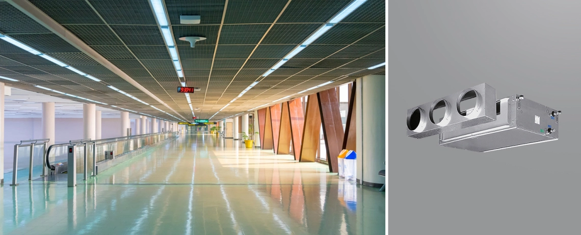 MyCond DFCL Enota z ventilatorskim tuljavnikom z visokim izkoristkom ESP, nameščena na letališču.