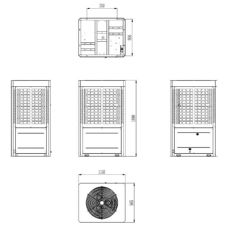 MyCond Diagram z dimenzijami razširitvenih modulov MCU-YHP na propan.