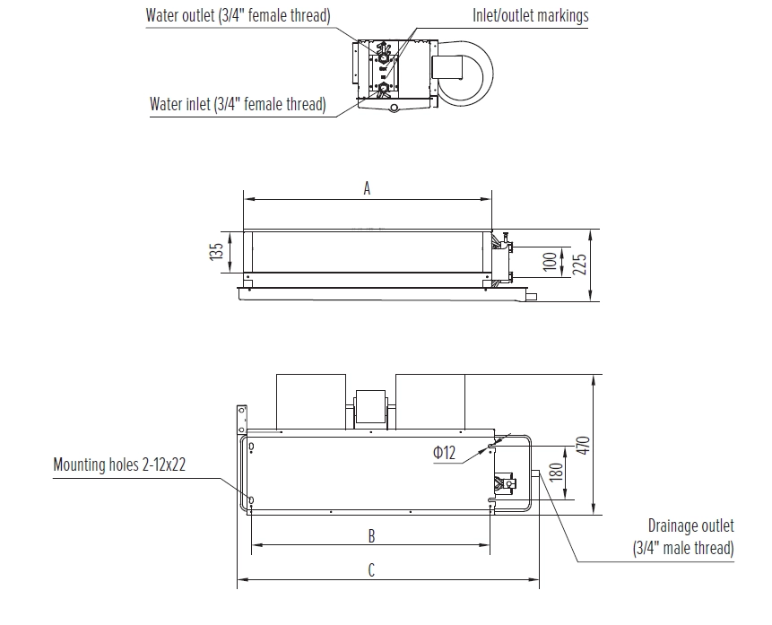 MyCond MCFC Diagram enote Medium ESP fan coil dimenzije in specifikacije.