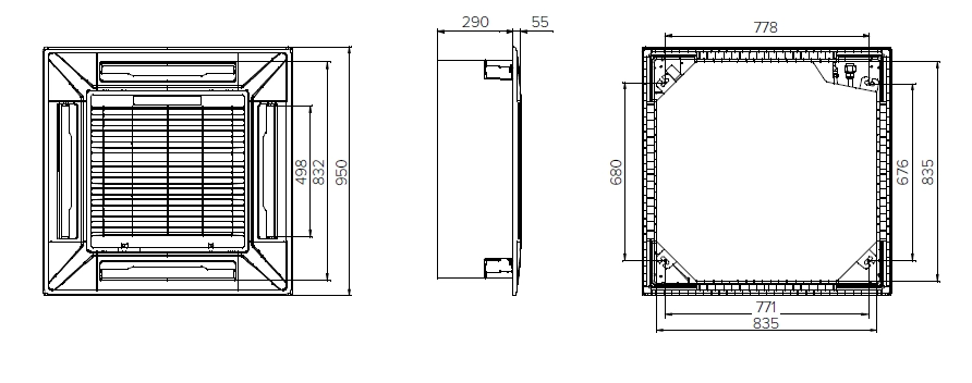 MyCond MCFK-T2 Elegantna oblika 4-smerne kasetne ventilatorske tuljave v stropu.