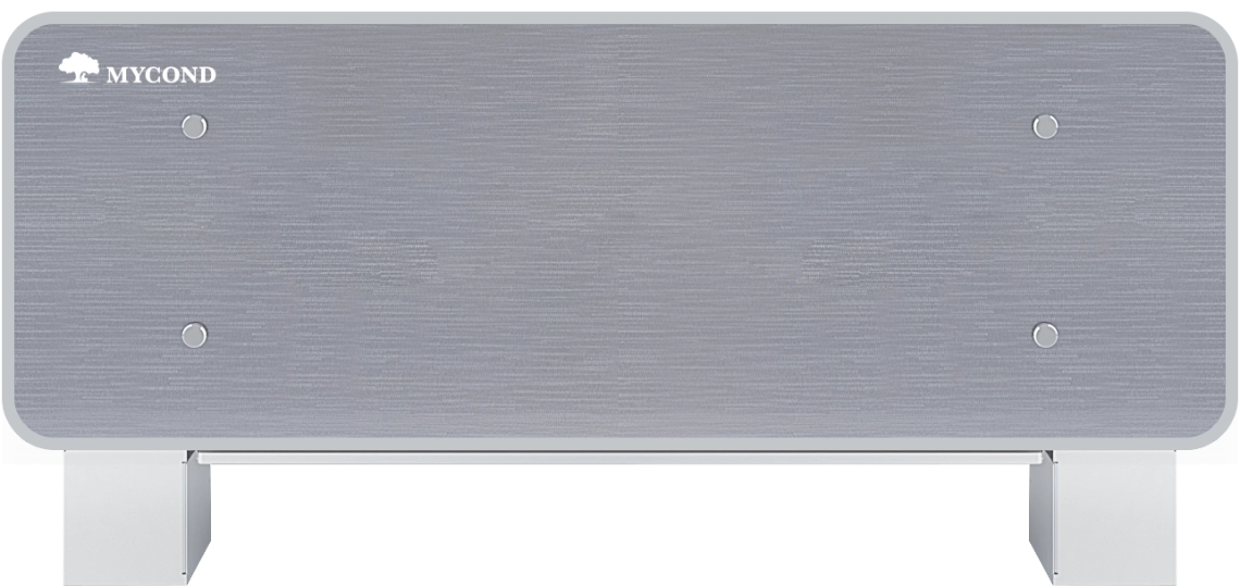 MyCond Silver Glass Low Elegantna srebrna steklena ventilatorska tuljava za učinkovito klimatizacijo.