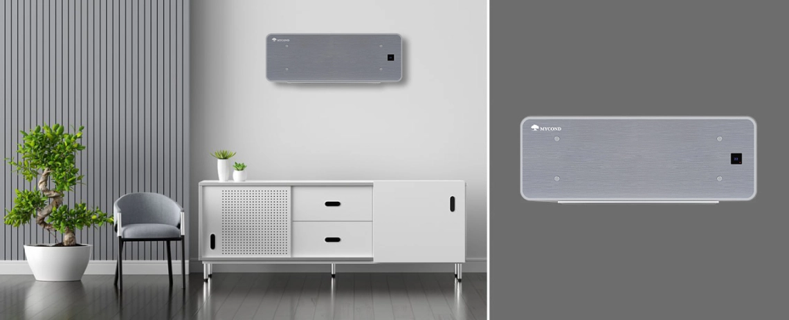 MyCond Silver Glass Wall Ultra tanka enota fan coil s srebrnim steklom in intuitivnim upravljanjem.